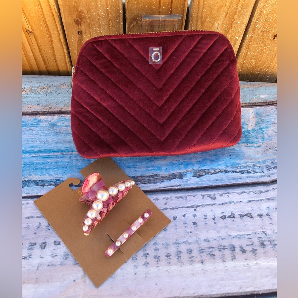Doterra Burgundy Quilted Clutch with Pearl Hair Accessories